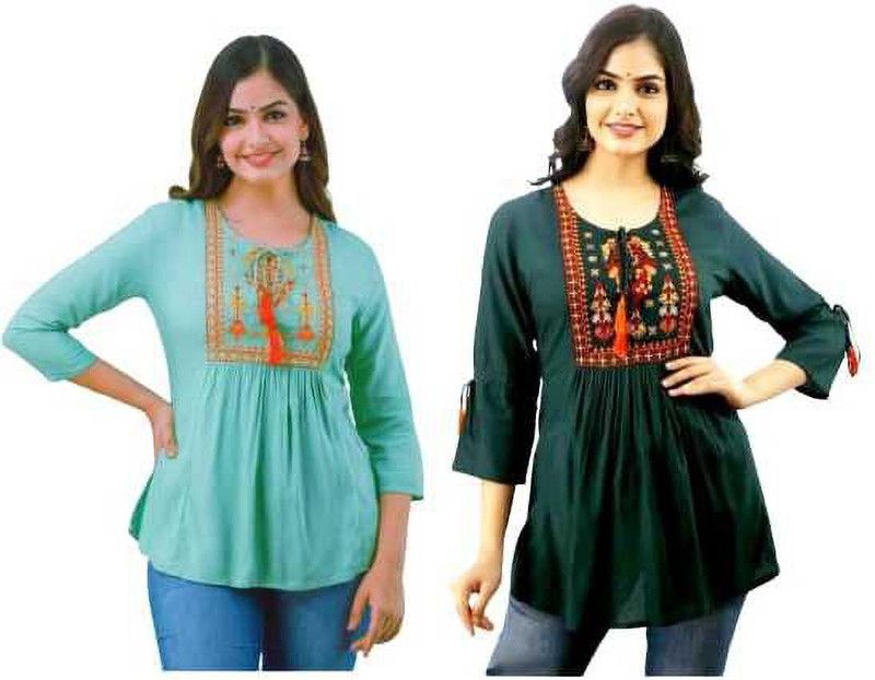 Pack of 2 Casual Regular Sleeves Embroidered Women Dark Green Top