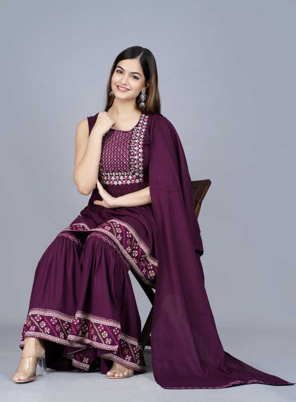 Women Kurta, Sharara and Dupatta Set Cotton Blend