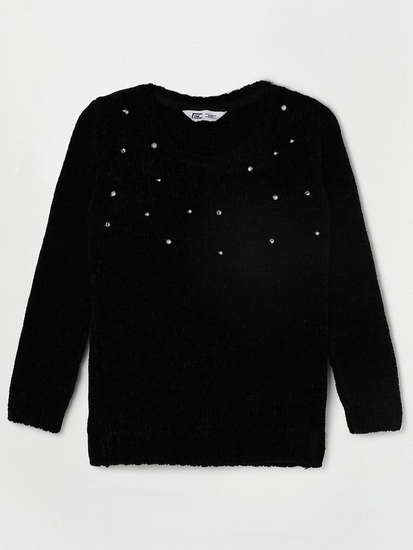 Girls Embellished Round Neck Black Sweater