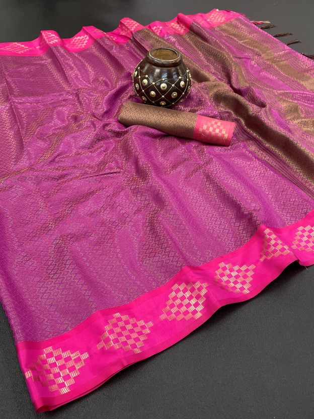 Checkered Ikkat Chiffon Saree  (Pink)