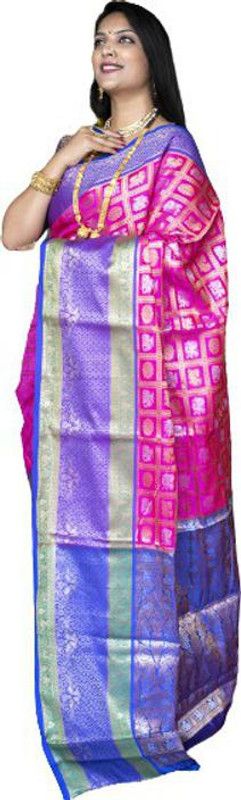 Woven Kanjivaram Silk Blend Saree  (Blue, Pink)