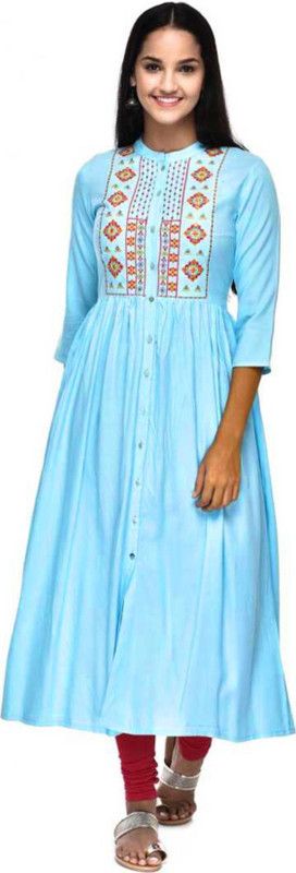 Women Embroidered Viscose Rayon Frontslit Kurta  (Light Blue)
