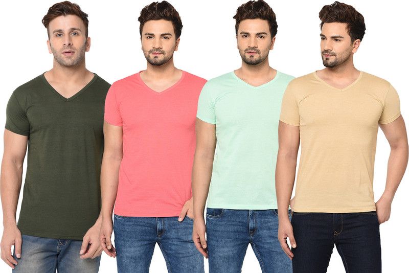 Pack of 4 Men Solid V Neck Cotton Blend Green, Pink, Beige, Light Green T-Shirt