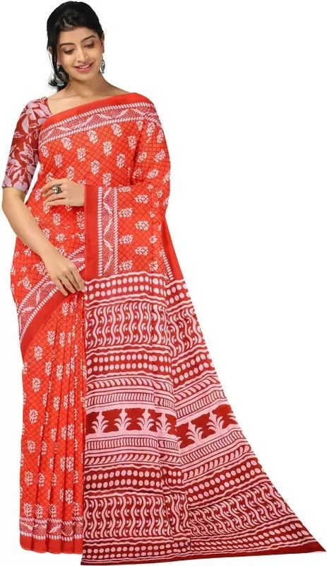 Printed, Blocked Printed Daily Wear Pure Cotton Saree  (Orange)