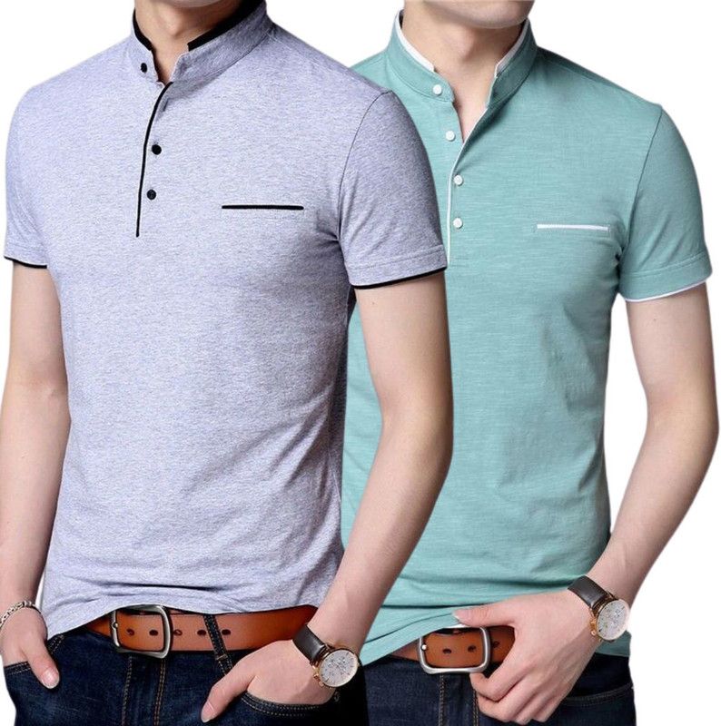 Pack of 2 Men Solid Mandarin Collar Cotton Blend Grey, Light Green T-Shirt