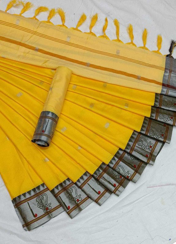 Applique Bollywood Cotton Silk Saree  (Yellow)