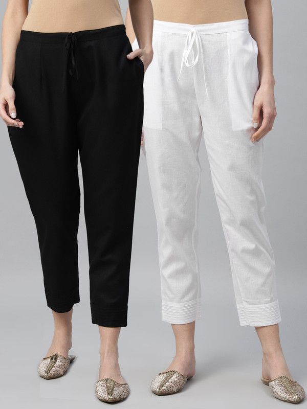 Pack of 2 Women Regular Fit Black, White Pure Cotton Trousers