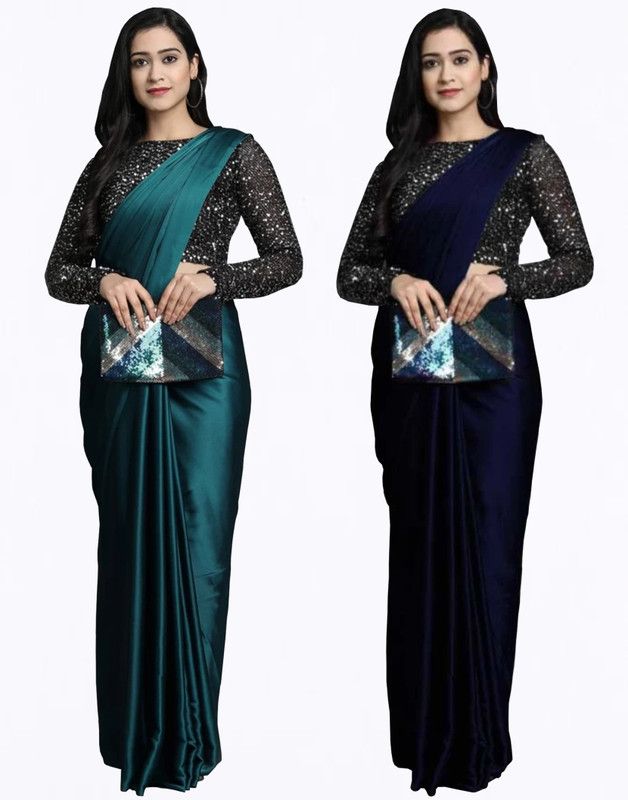 Solid/Plain Bollywood Silk Blend, Satin Saree  (Pack of 2, Light Blue, Dark Blue)
