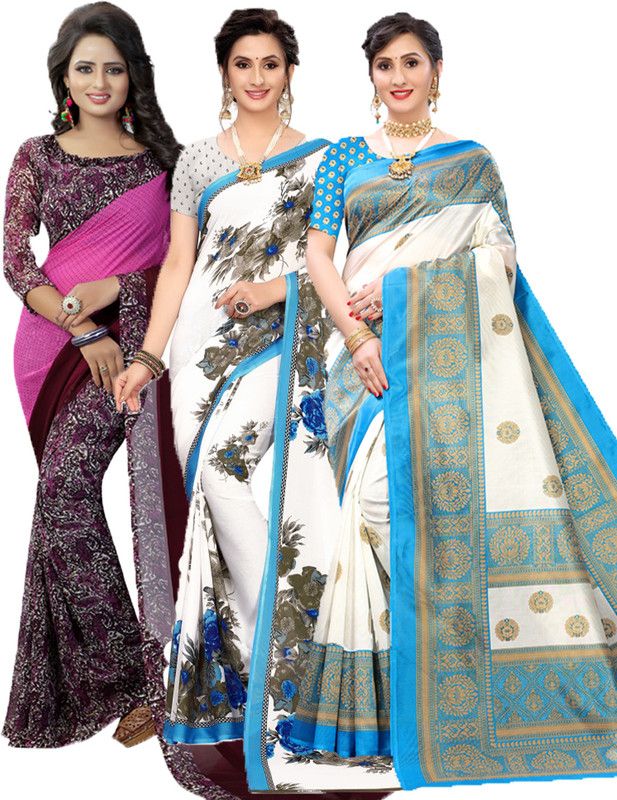 Printed Daily Wear Georgette Saree  (Pack of 3, Purple, Blue, Light Blue)