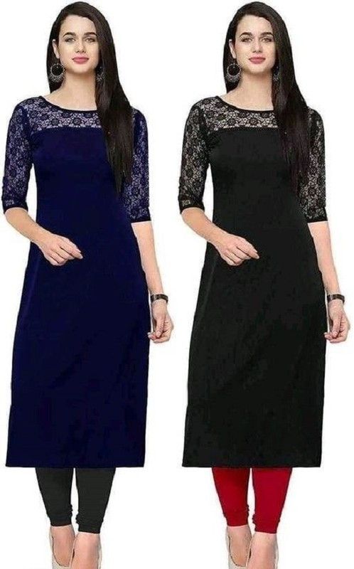 Women Self Design Kurta  (Blue, Black)