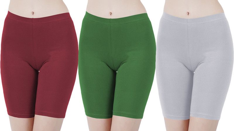 Pack of 3 Solid Women Maroon, Green, Grey Cycling Shorts