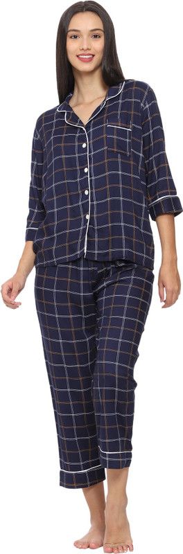Women Shirt & Pyjama set Dark Blue Checkered
