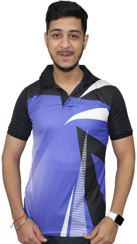 Men Printed Polo Neck Polyester Blue, Black T-Shirt