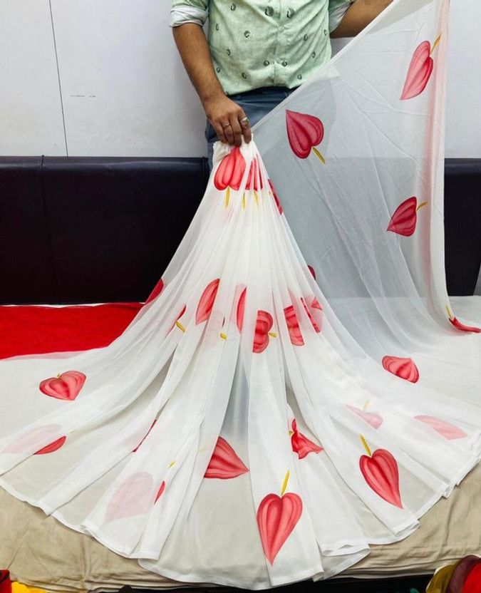 Printed Daily Wear Georgette Saree  (White, Red)