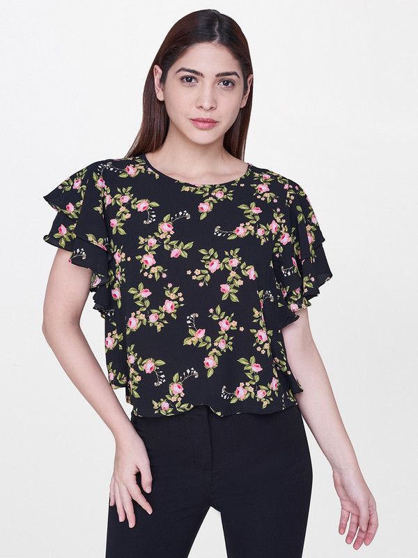 Casual Butterfly Sleeves Floral Print Women Black Top