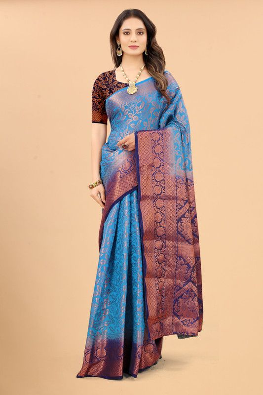 Woven Bollywood Nylon Saree  (Light Blue)