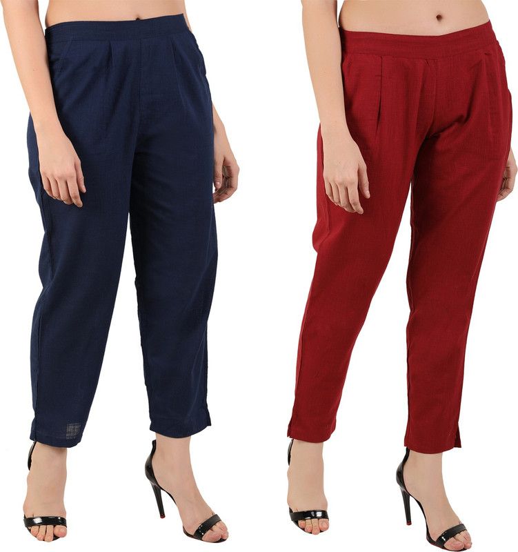 Pack of 2 Women Regular Fit Dark Blue, Maroon Cotton Blend Trousers