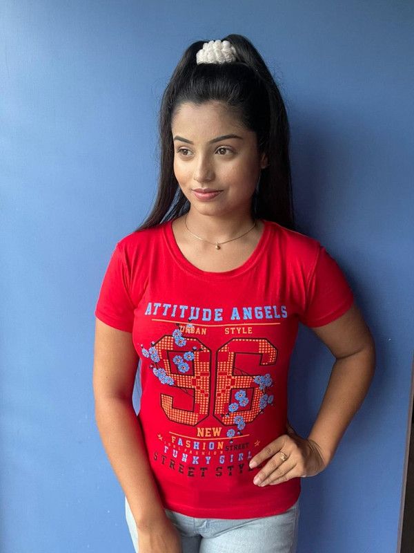 Printed Women Round Neck Red T-Shirt Women Graphic Print Round Neck Cotton Blend Red T-Shirt