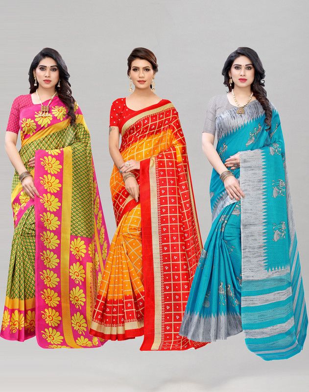 Printed, Woven, Floral Print Madhubani Cotton Silk Saree  (Pack of 3, Multicolor)