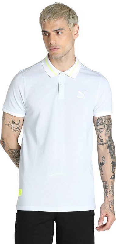 VK Elevated Polo Men Printed Polo Neck Cotton Blend White T-Shirt