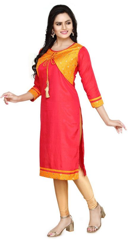 Women Solid Silk Blend Straight Kurta  (Pink, Yellow)