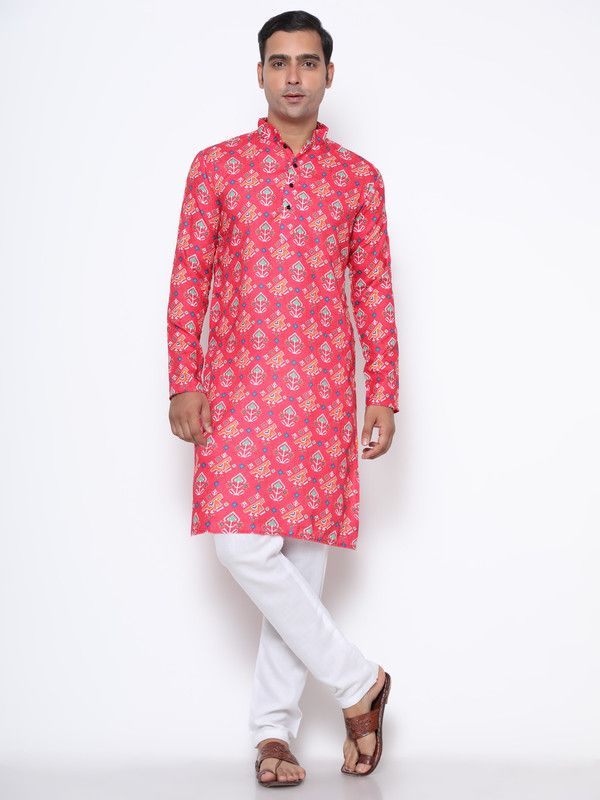 Men Printed Pure Silk Straight Kurta  (Pink)