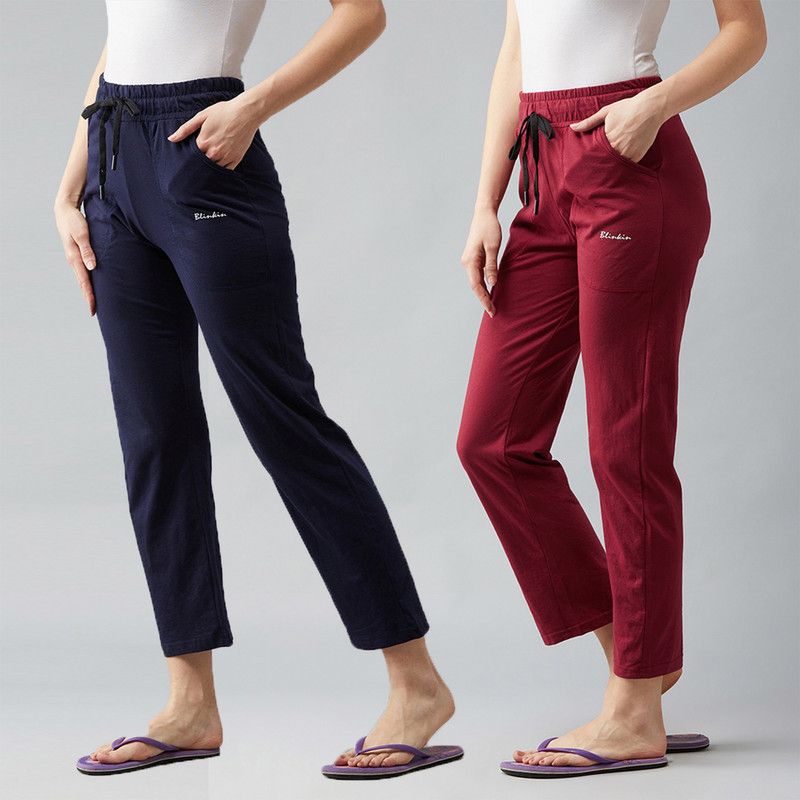 Pack of 2 Women Solid Maroon, Blue Track Pants