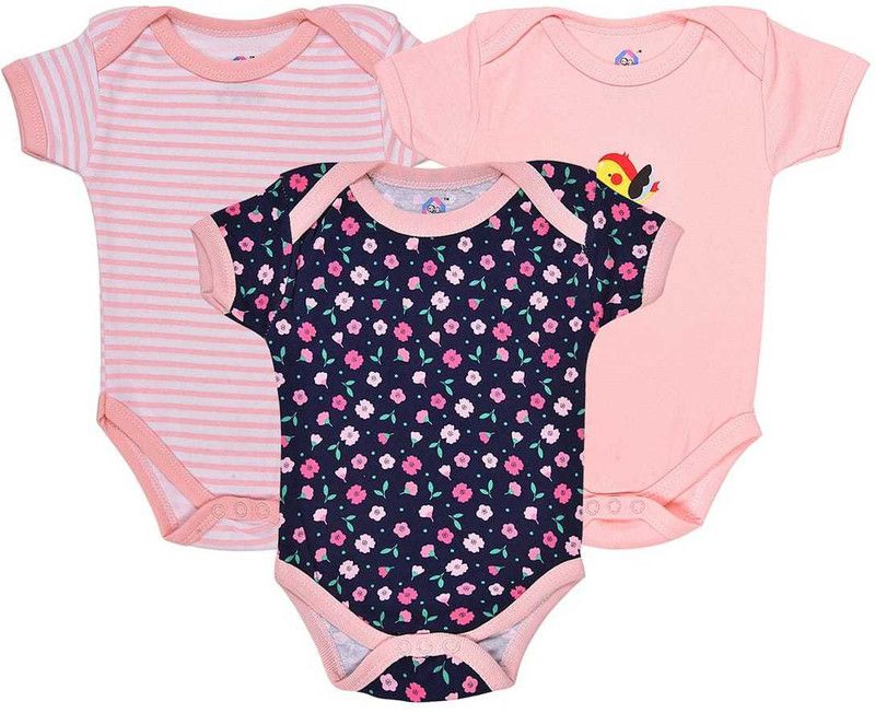 Romper For Baby Boys & Baby Girls Printed Pure Cotton  (Pink, Pack of 3)