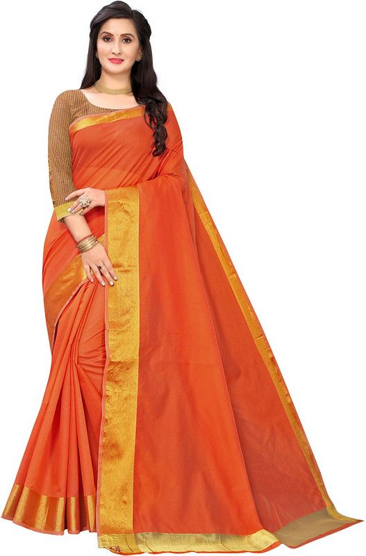 Fashion Cotton Blend, Silk Blend Saree  (Orange)