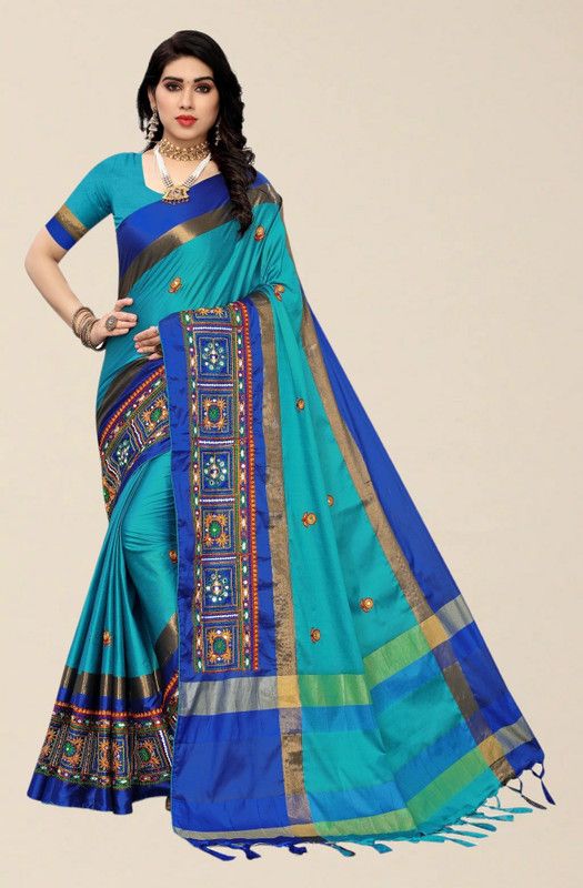 Embroidered, Embellished Kanjivaram Cotton Silk Saree  (Light Blue)