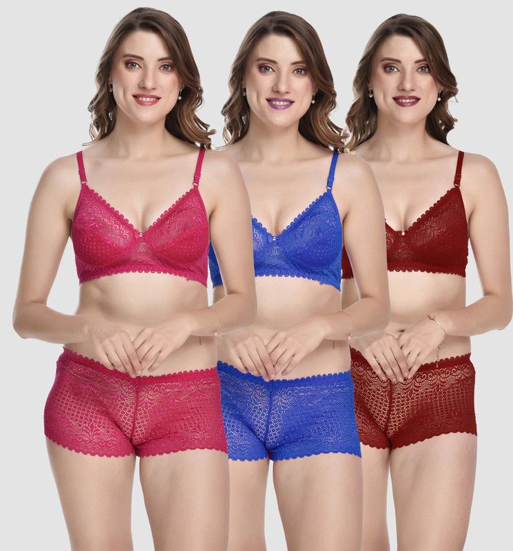 Bra & Panty Set Self Design Pink, Blue, Maroon Lingerie Set