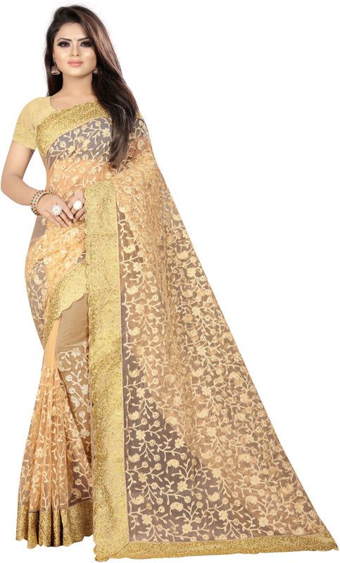 Bollywood Net Saree  (Beige, Gold)