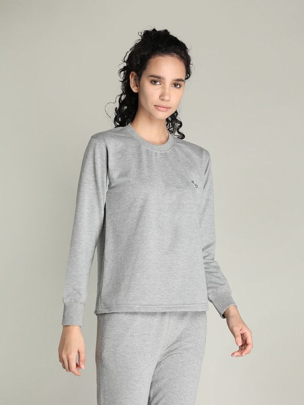 Women Solid Round Neck Poly Cotton Silver T-Shirt