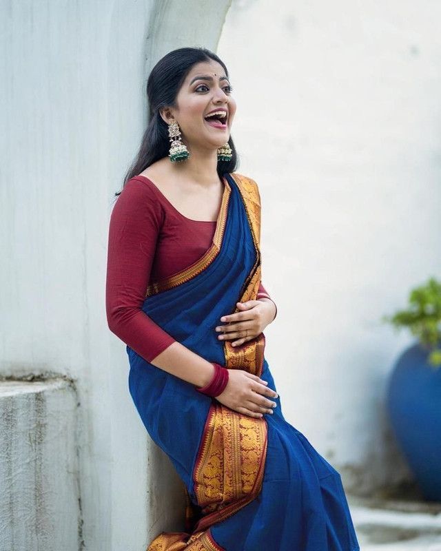 Bollywood Cotton Silk Saree  (Blue, Red)