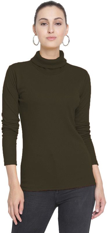 Women Solid High Neck Pure Cotton Dark Green T-Shirt