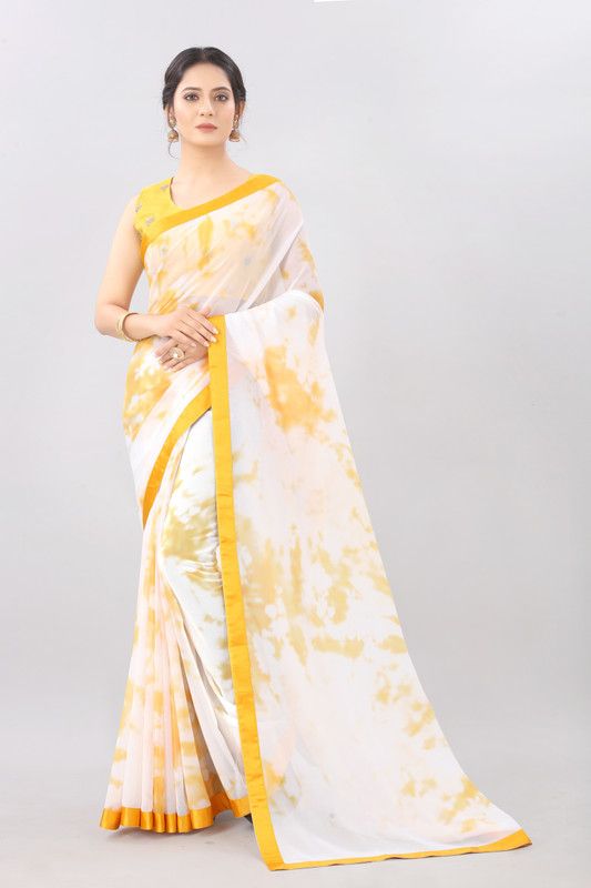 Printed Bollywood Georgette Saree  (White, Yellow)