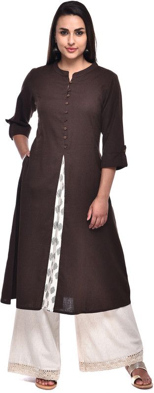 Women Self Design Cotton Blend Flared Kurta  (Brown)