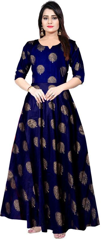 Printed Pure Cotton Stitched Flared/A-line Gown  (Blue)