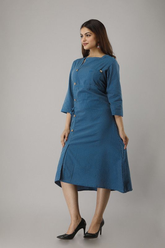 Women Self Design Cotton Blend Frontslit Kurta  (Dark Blue)