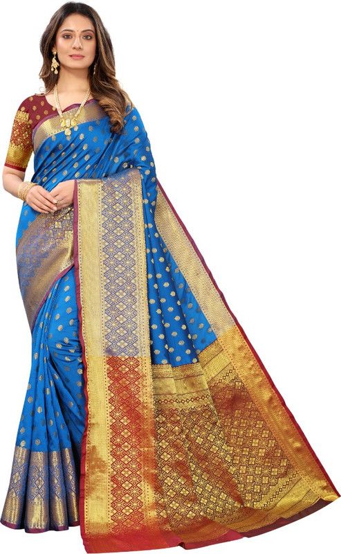 Woven Rajshahi Silk Blend Saree  (Green)
