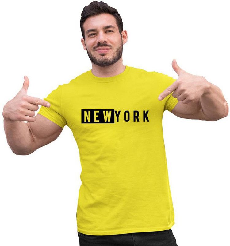 NewYork-HF1-Y-XXL Men Printed Round Neck Pure Cotton Yellow T-Shirt