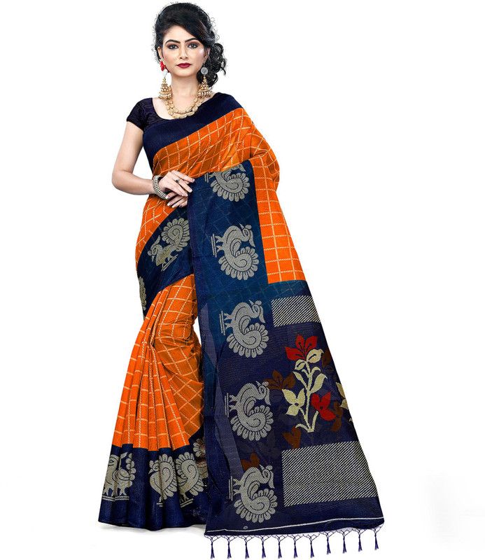 Printed Fashion Cotton Blend Saree  (Orange, Blue)