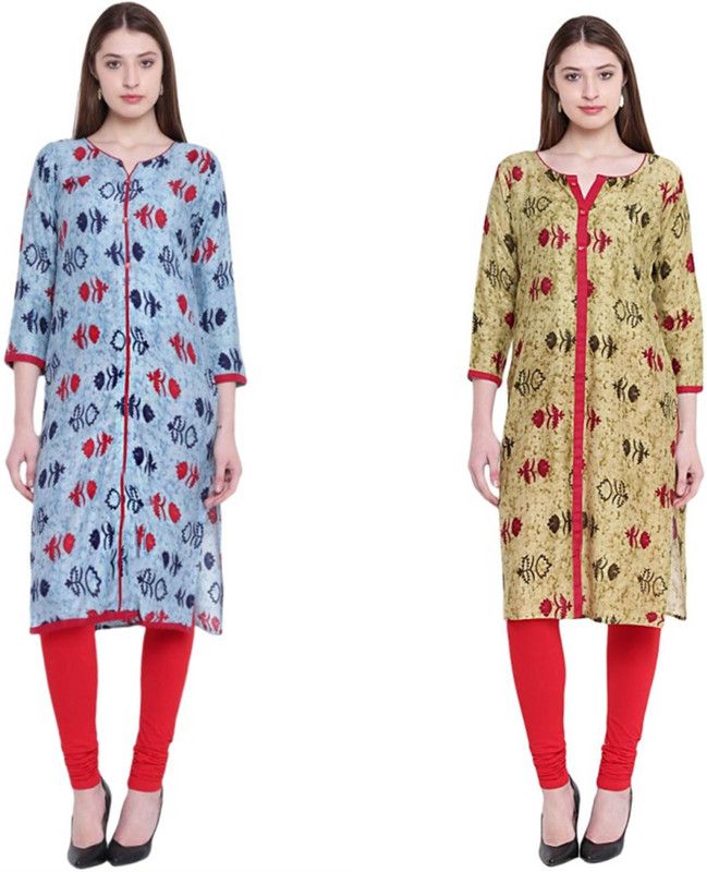 Pack of 2 Women Printed Cotton Rayon Straight Kurta  (Green, Blue)