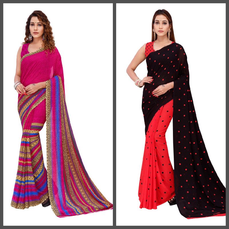 Polka Print Daily Wear Georgette Saree  (Red, Black, Pink)