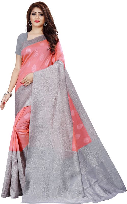 Checkered Kanjivaram Jacquard Saree  (Pink)
