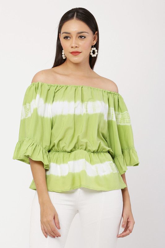 Casual Bell Sleeves Tie & Dye Women Light Green Top