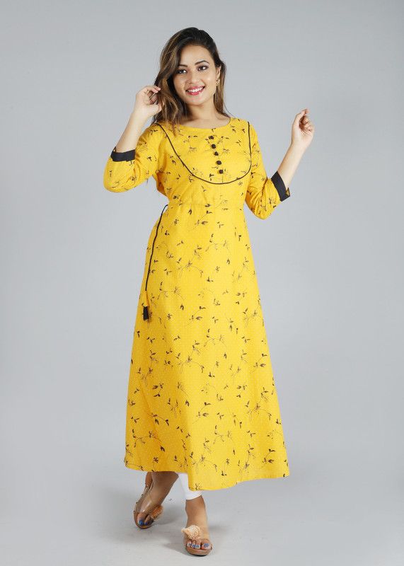 Solid Cotton Blend Stitched Flared/A-line Gown  (Yellow)