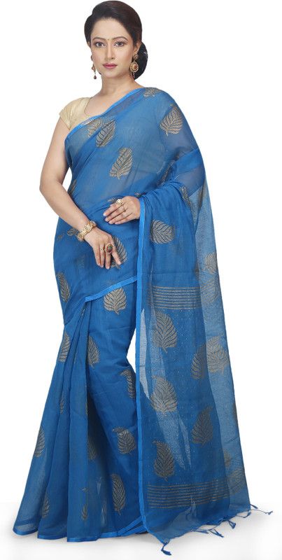 Printed Daily Wear Handloom Cotton Blend Saree  (Gold, Blue)