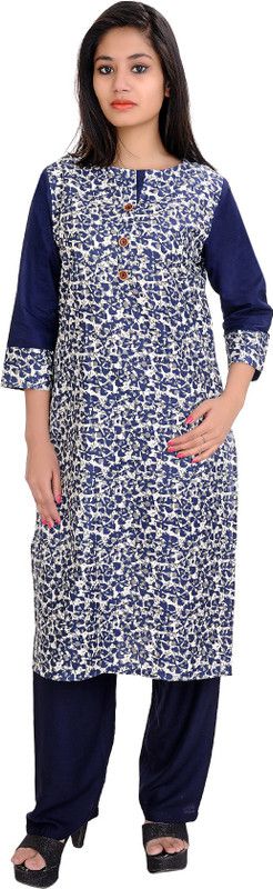 Women Printed Cotton Blend Straight Kurta  (White, Blue, Grey)