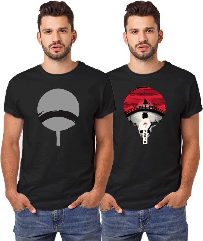 Pack of 2 Men Graphic Print Round Neck Pure Cotton Black T-Shirt